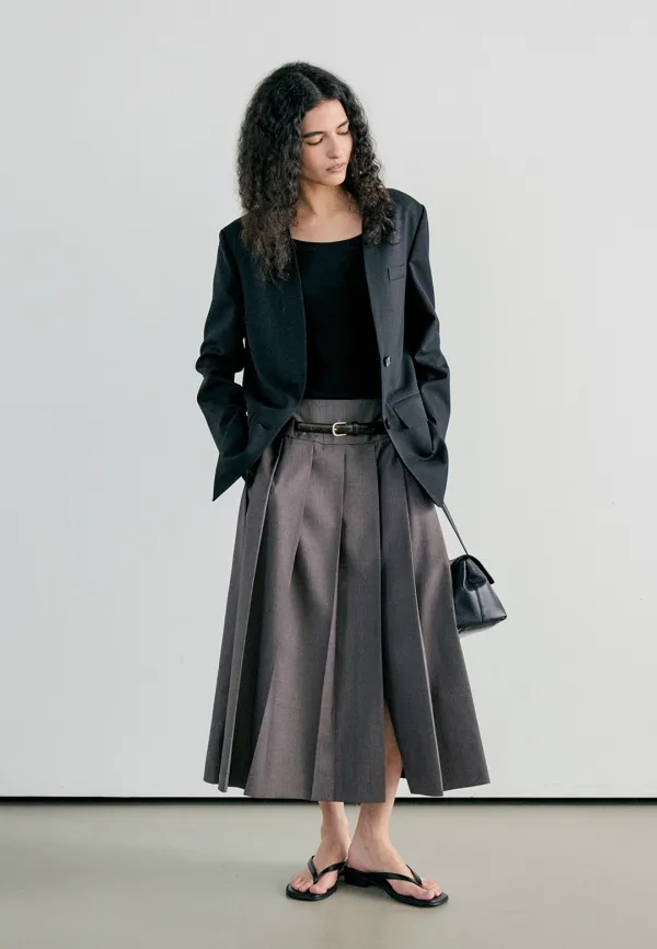 GATHER PLEATS LONG SKIRT - BROWN STRIPE