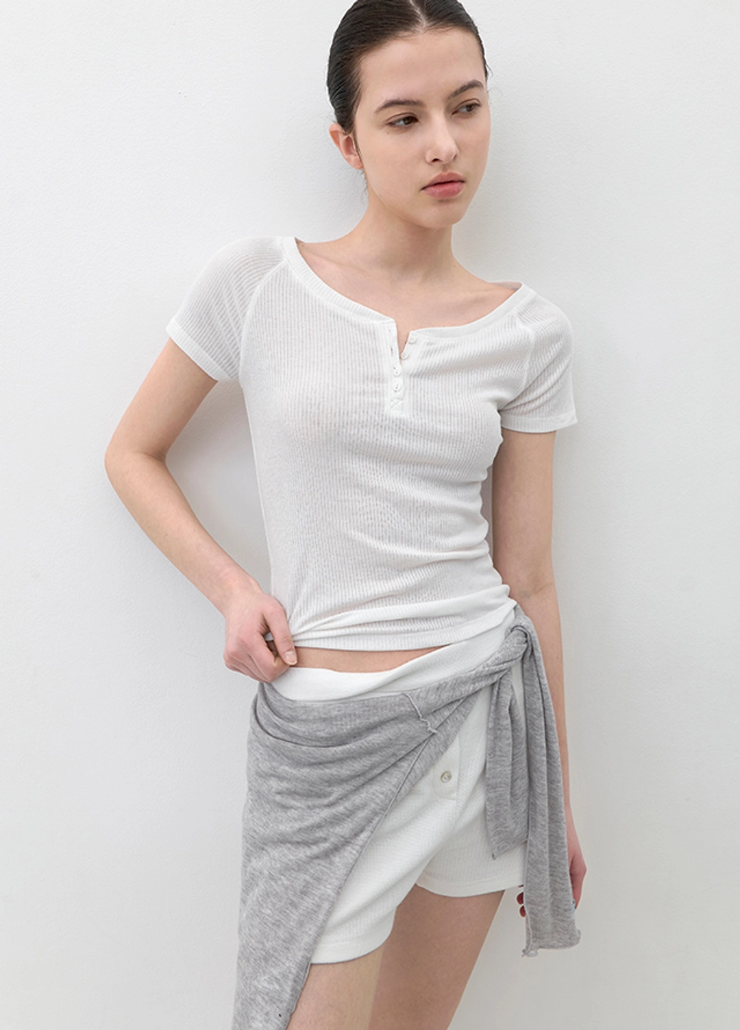 아뜰리에 나인 (T-7231)AN SOFT RIBBED BUTTON UP SLIM HALF T 상품 이미지 2