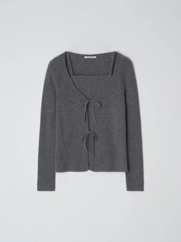 Ribbon layered cardigan - Melange gray