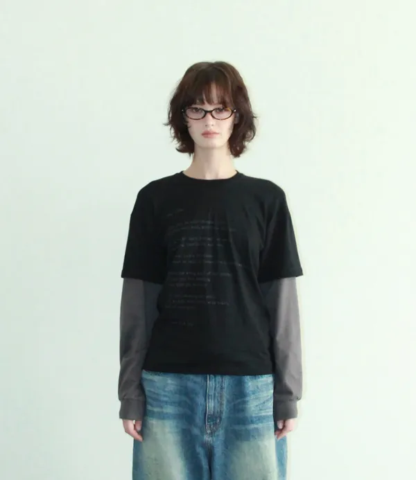 CONTRAST LAYERED SLEEVE T-SHIRT (BLACK & TAUPE GREY)
