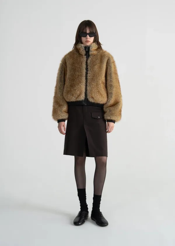 (UNI) HIGH-NECK FAUX FUR JACKET - BEIGE