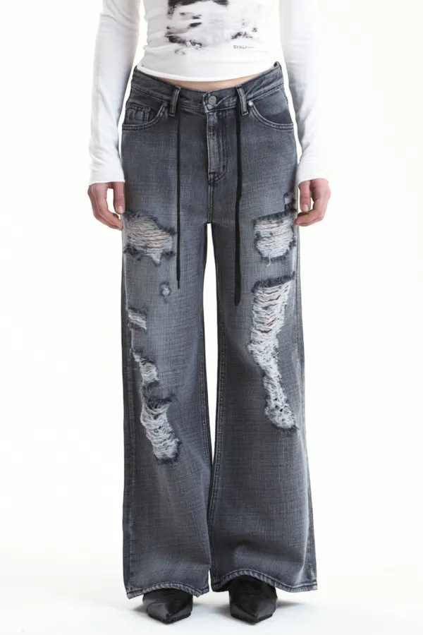 DRAWSTRING DISTRESSED DENIM PANTS GRAY