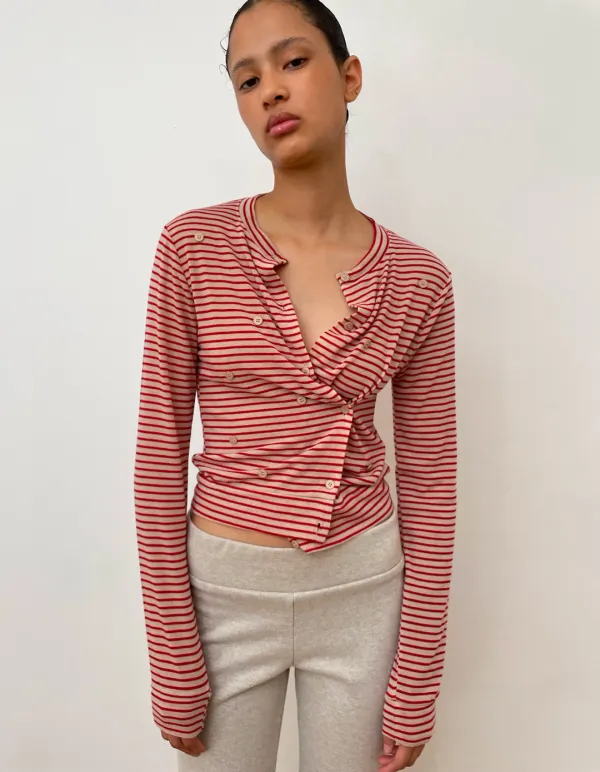 STRIPE BUTTON PLAY CARDIGAN, RED