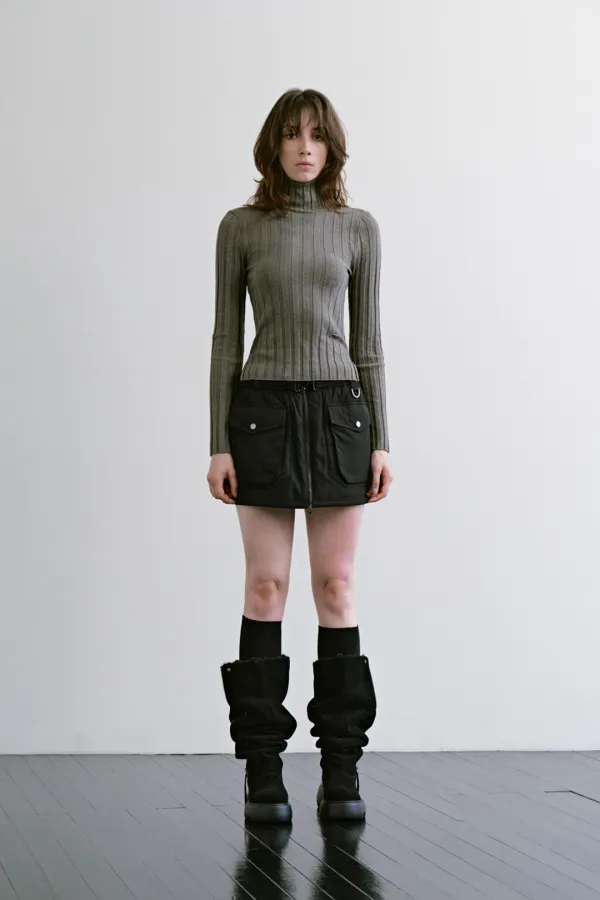 Side-Slit Turtleneck Knit Top [ Khaki ]