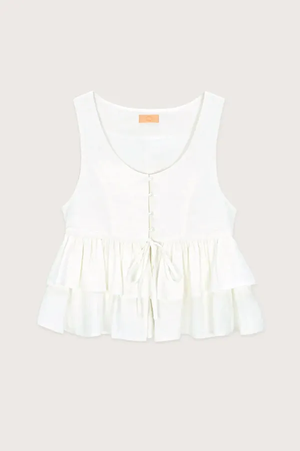 V-Neck Vest Tiered Blouse (Cream)