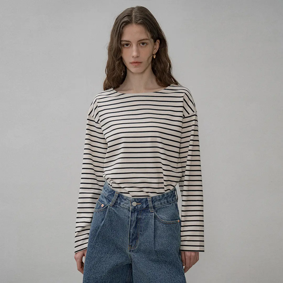 시야쥬 SITP5192 루즈 핏 ST 보트넥 티셔츠_Black stripe 상품 이미지 2