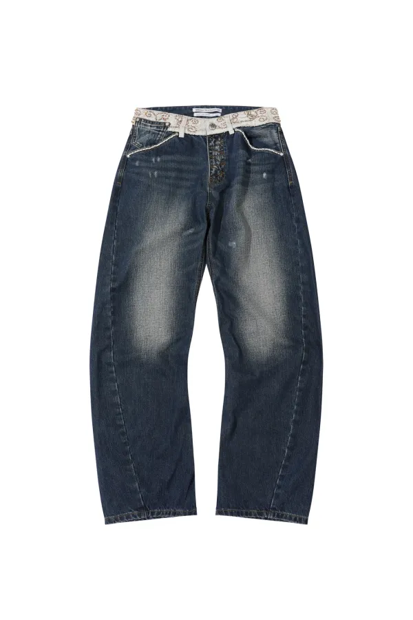 Beaded Waist Denim Pants Indigo Blue