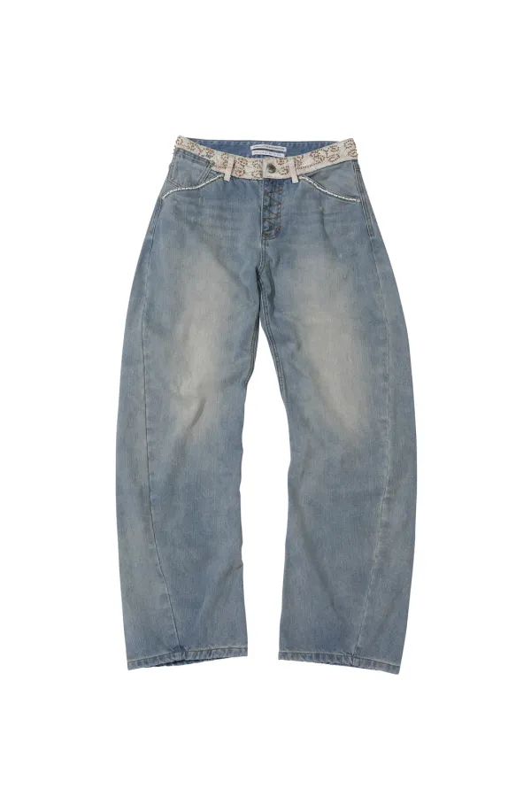 Beaded Waist Denim Pants Mid Blue