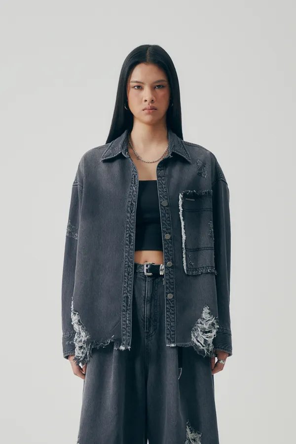 Distressed Square Denim Set-up Jacket [ Gray ]
