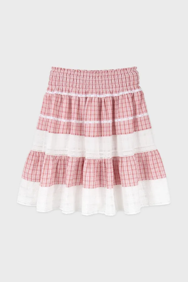 Smocking Color Block Flare Skirt (Red)