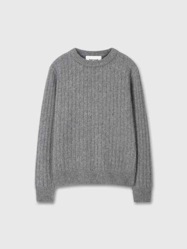 (W) SUPERFINE MERINO WOOL TUBE SCARF ATTACED RIBBED SWEATER_ MELANGE GREY
