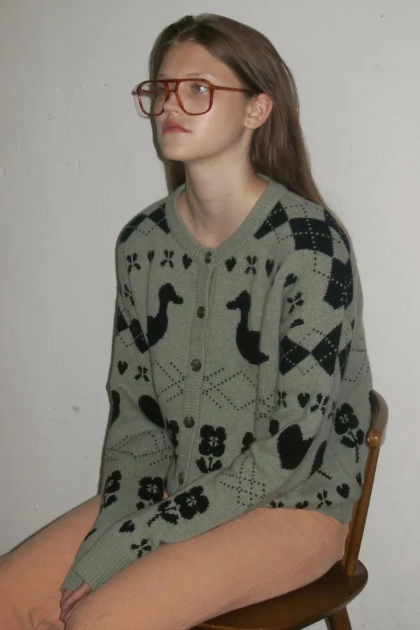 Mixed Pattern Knit Cardigan (Light Khaki)