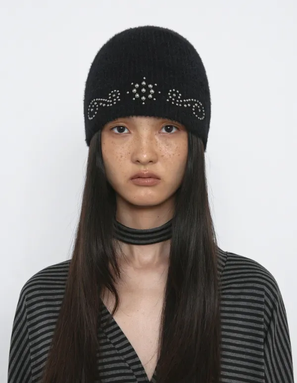 ORNAMENT FAUX ANGORA BEANIE, BLACK