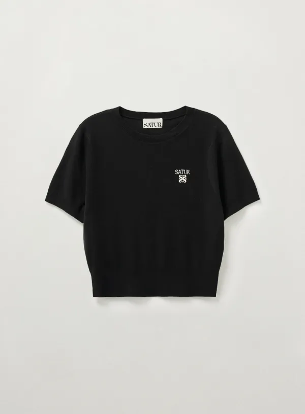 (W) Light Weight Crew Neck Half Knit - Black