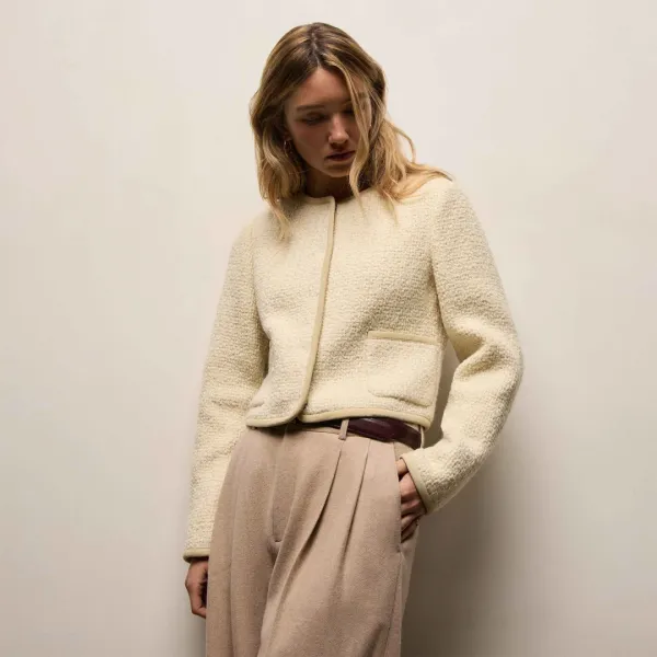 Wool Boucle Button Front Jacket - Ivory