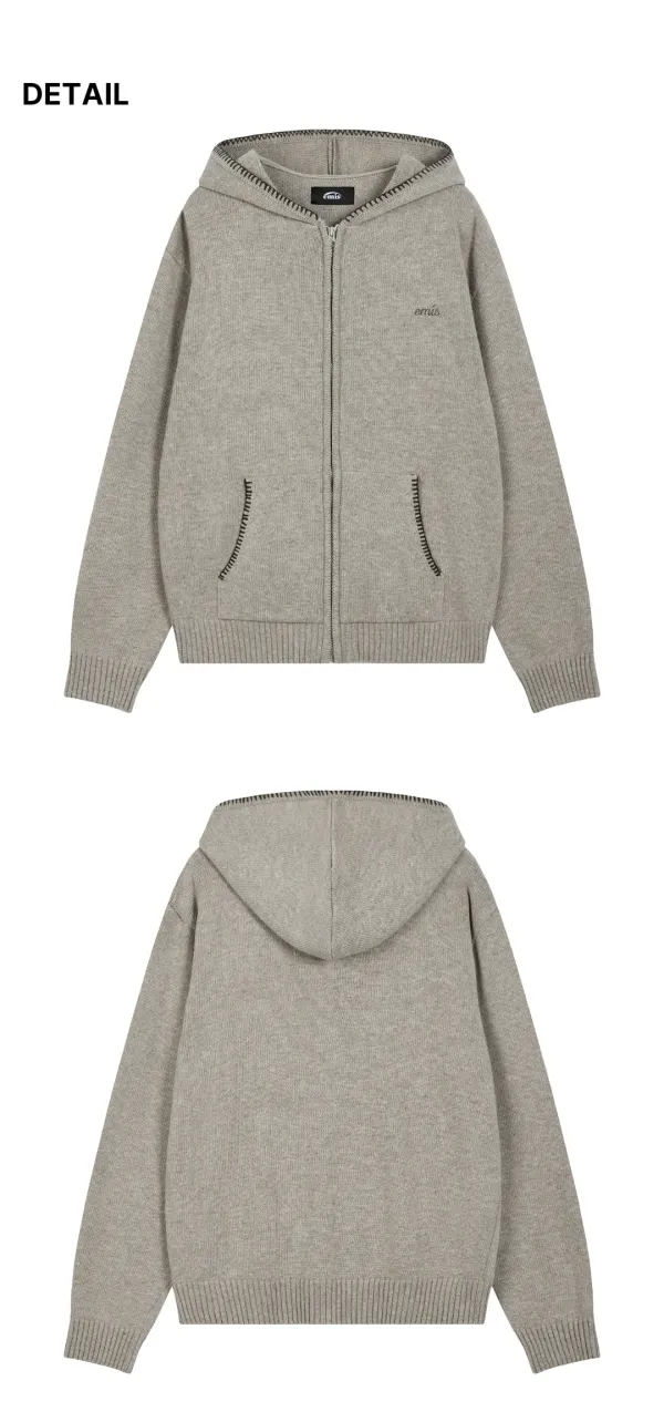 BLANKET STITCH KNIT HOOD ZIP-UP-LIGHT GRAY
