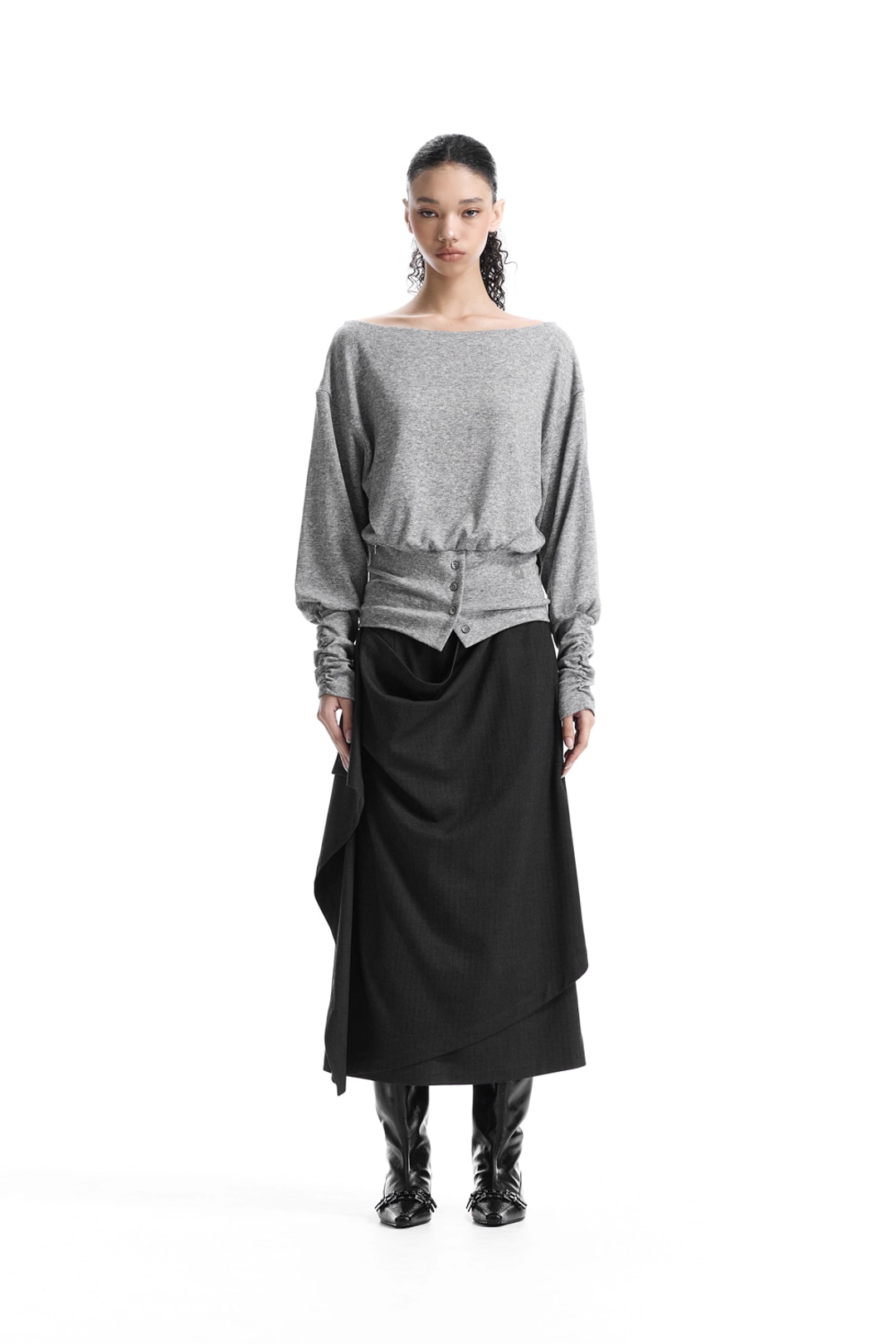 트리밍버드 Banded-Waist Blouson Top [ Melange Gray ] 상품 이미지 2