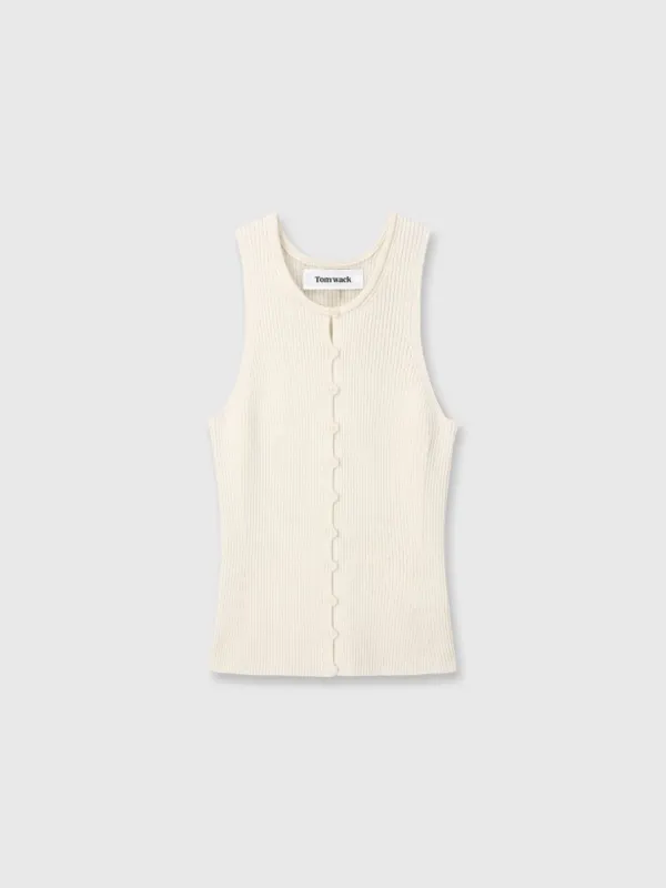 (W) BUTTON RIBBED SLEEVELESS CARDIGAN_ IVORY