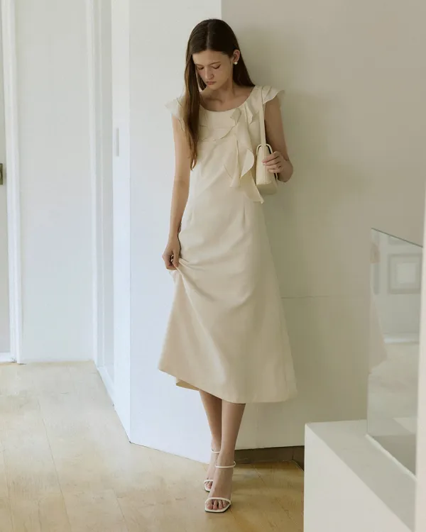 [임현주님 착용] Wave ruffle line long dress - ivory
