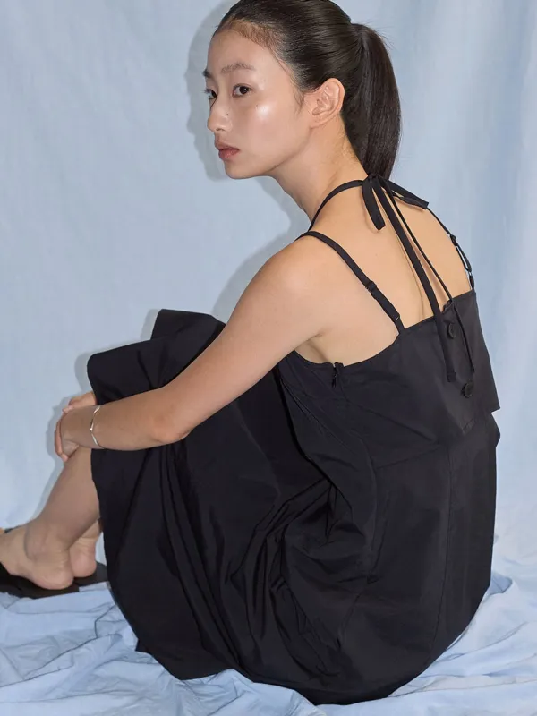 나일론 리본 스트랩 롱 원피스_BLACK