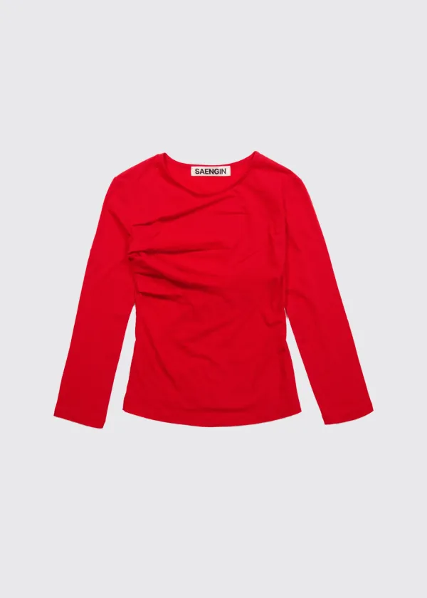 SHIRRING DETAIL ELBOW-LENGTH SLEEVE - RED (COTTON)