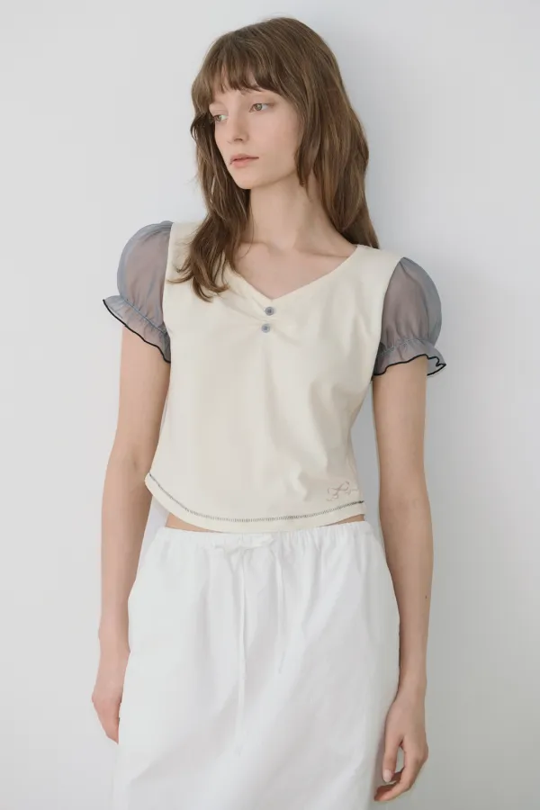 Ribbon Shirring Puff T-Shirt (Cream)