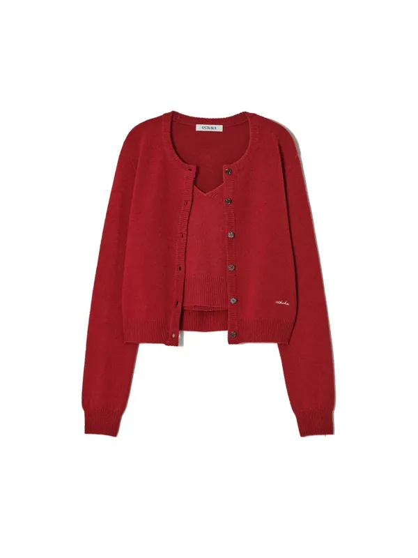 Merino Wool Blended Twin Set Red