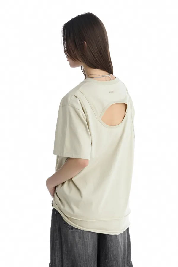 Open Back Detail T-Shirt [ Light Beige ]