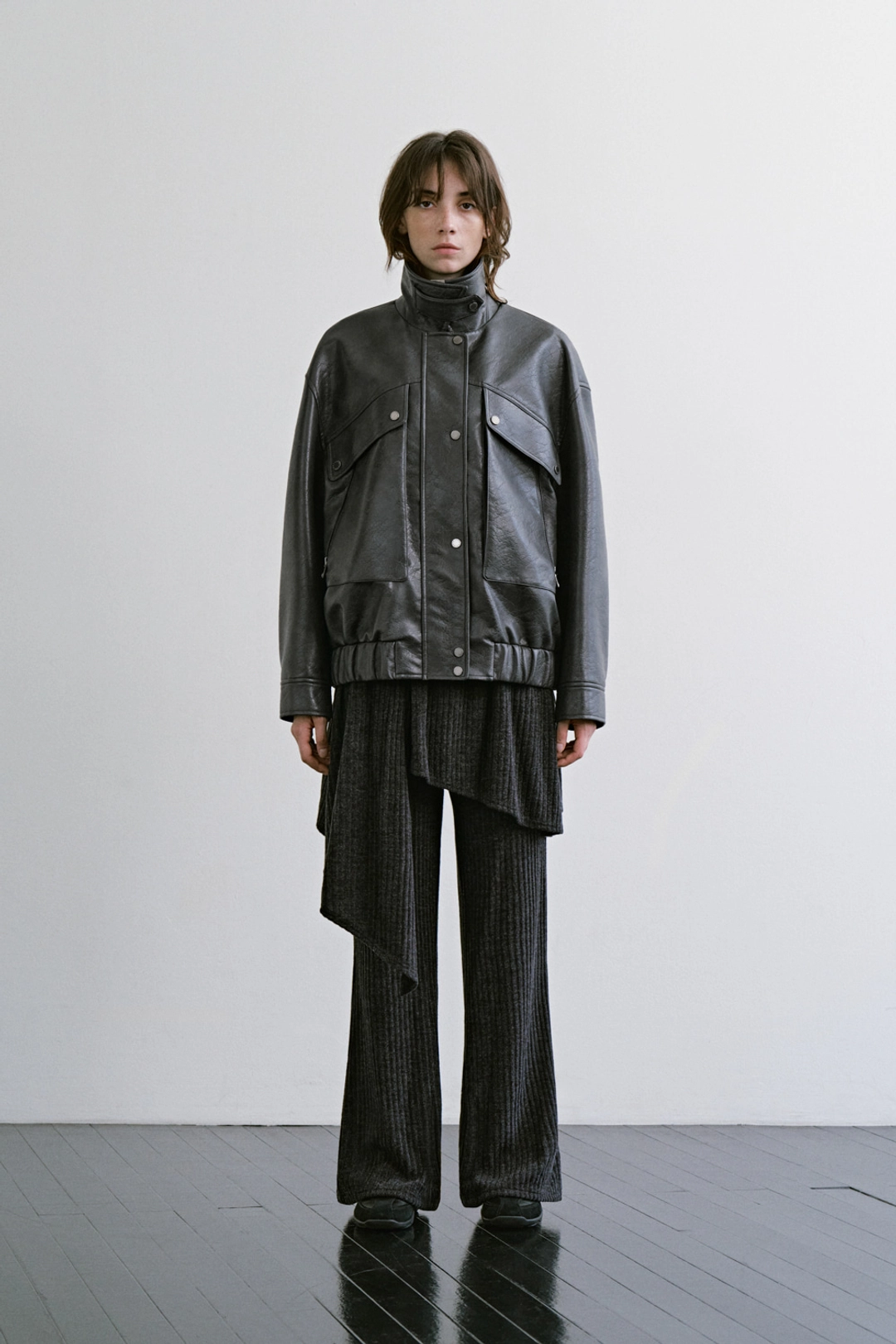 트리밍버드 Diagonal Leather Blouson Jumper [ Gray ] 상품 이미지 2