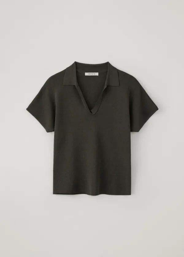 [2nd-reorder] Tann collared half knit top (smoky charcoal)