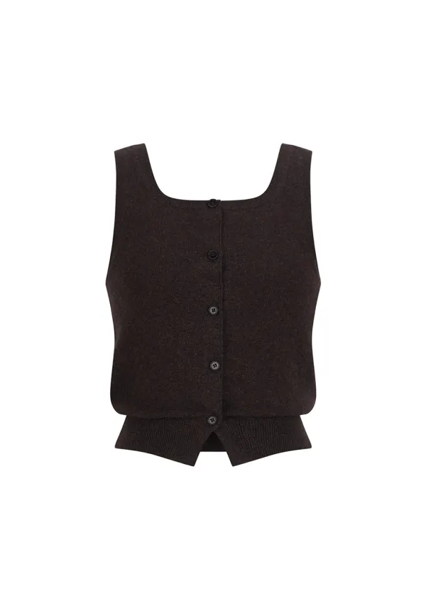 Cashmere Button Up U-neck Vest, Brown
