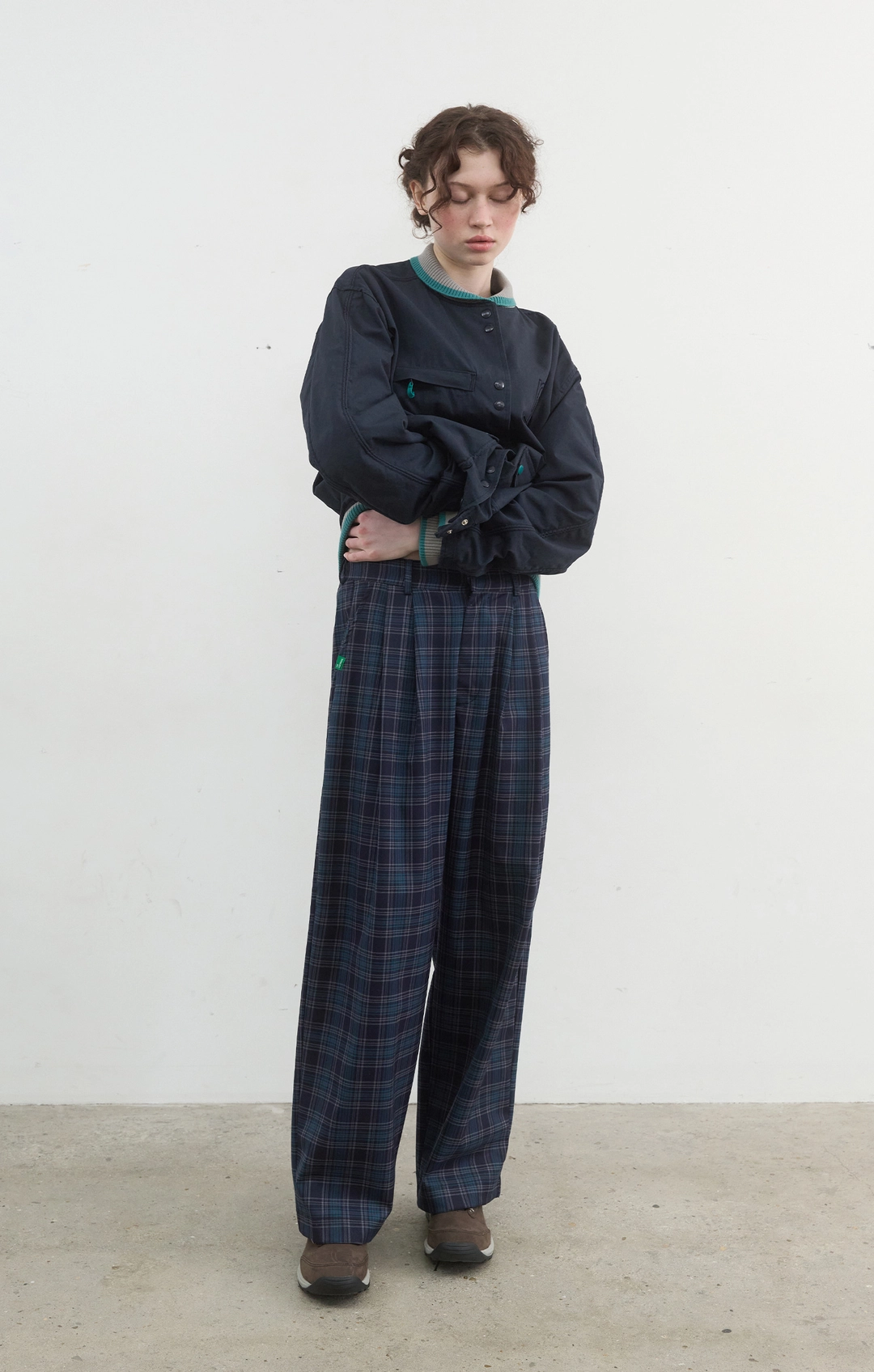 노컨텐츠 429. Check Wide Pants_Navy 상품 이미지 1