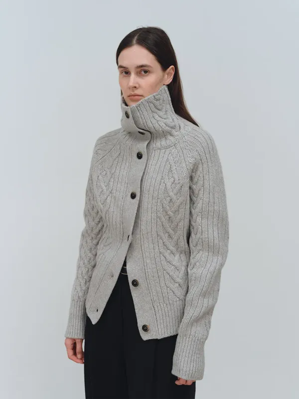 TFW WOOL TURTLENECK CABLE CARDIGAN_GREY