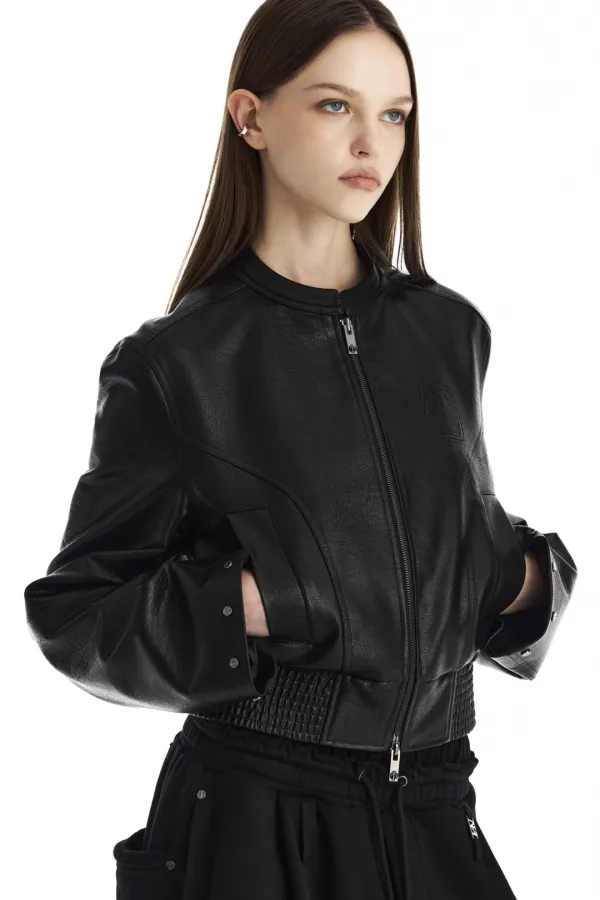 Logo Embossed Leather Slim-Fit Jacket [ Black ]