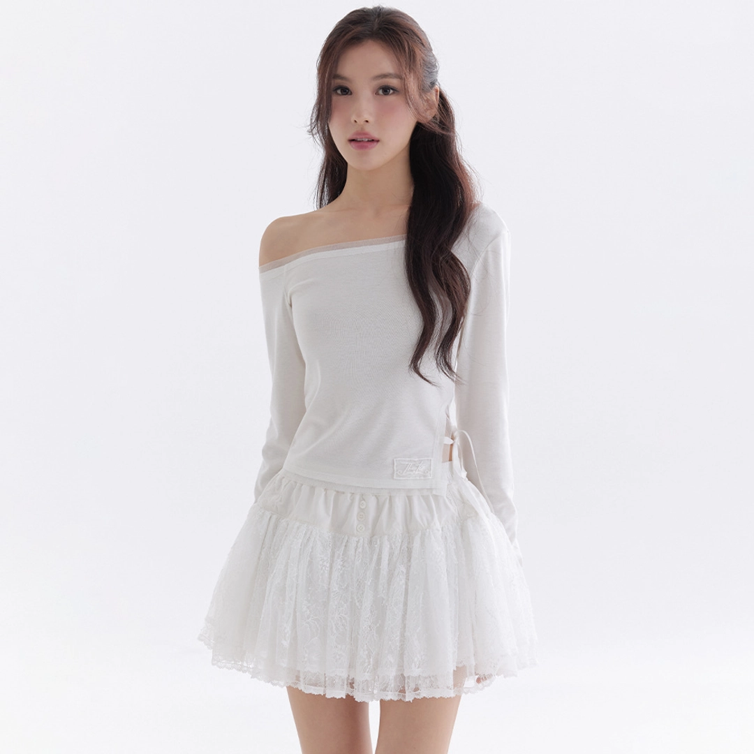 더티스 Pure Mesh Satin Ribbon T-Shirt (Ivory) 상품 이미지 1