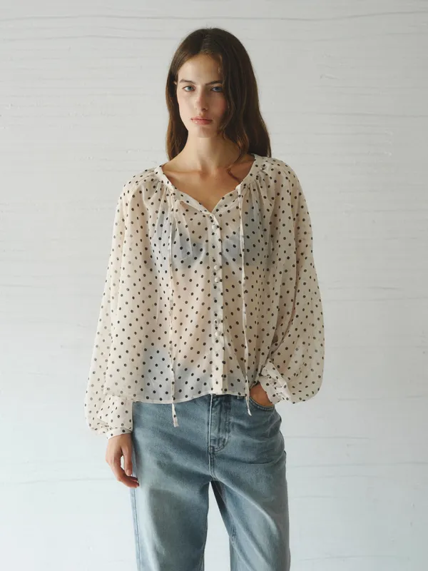 LUCIA raglan shirring dot blouse_beige dot