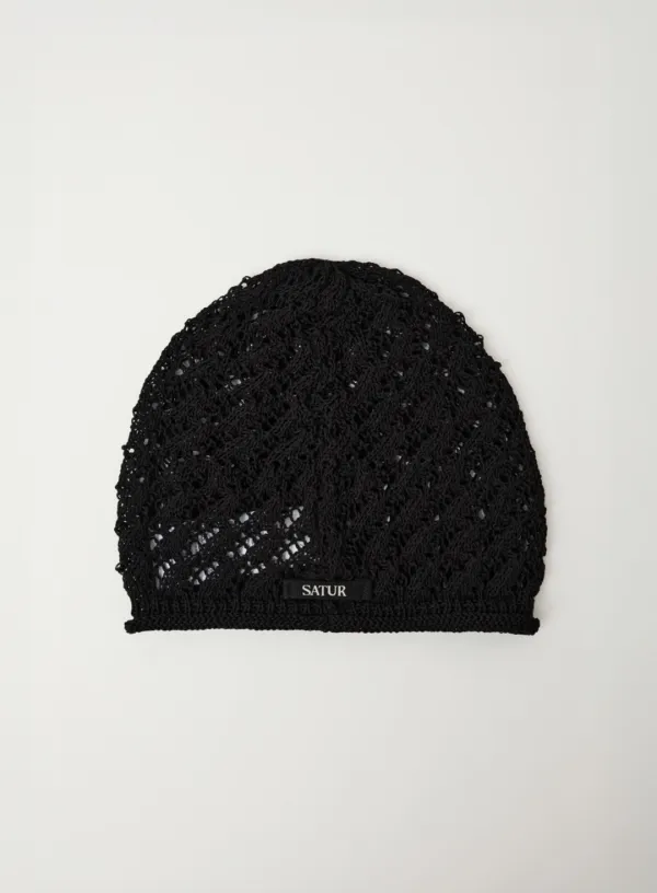 (W) Crochet Knit Beanie - Black