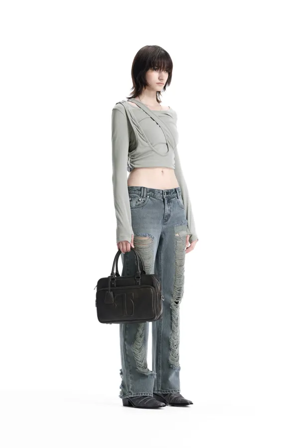 Garter-Hem Long-Sleeve Top [ Smoke Green ]