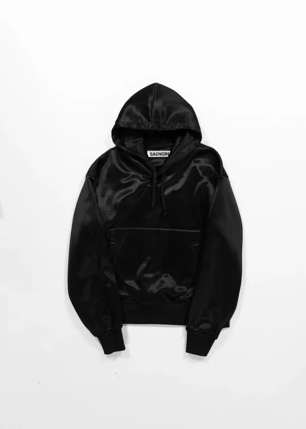 GLOSSY SATIN HOODIE - BLACK