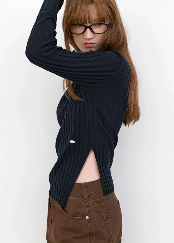 (T-7182)SLIT DETAIL SHEER RIBBED SLIM KNIT