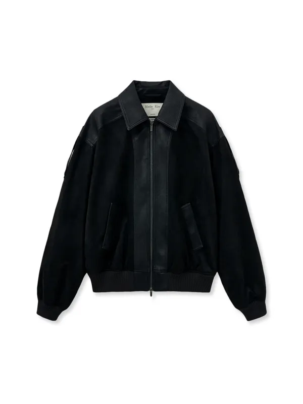 SUEDE MIX LEATHER ZIP UP JUMPER FOR WOMEN IN BLACK