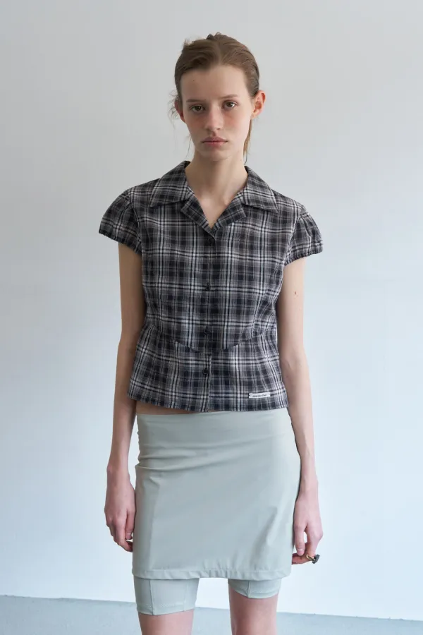 CAP SLEEVE CHECK BLOUSE_BLACK