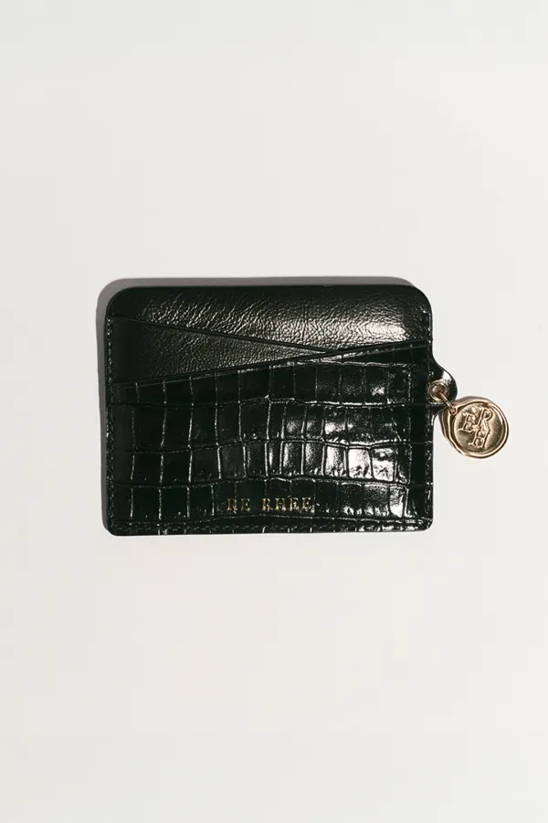COWHIDE CROC-EFFECT CARD WALLET