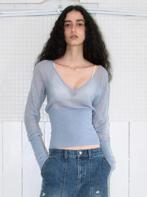 Sheer Deep V-Neck Knit [Ash Blue]