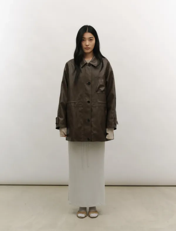 DRAWSTRING LEATHER HALF JACKET [BROWN]