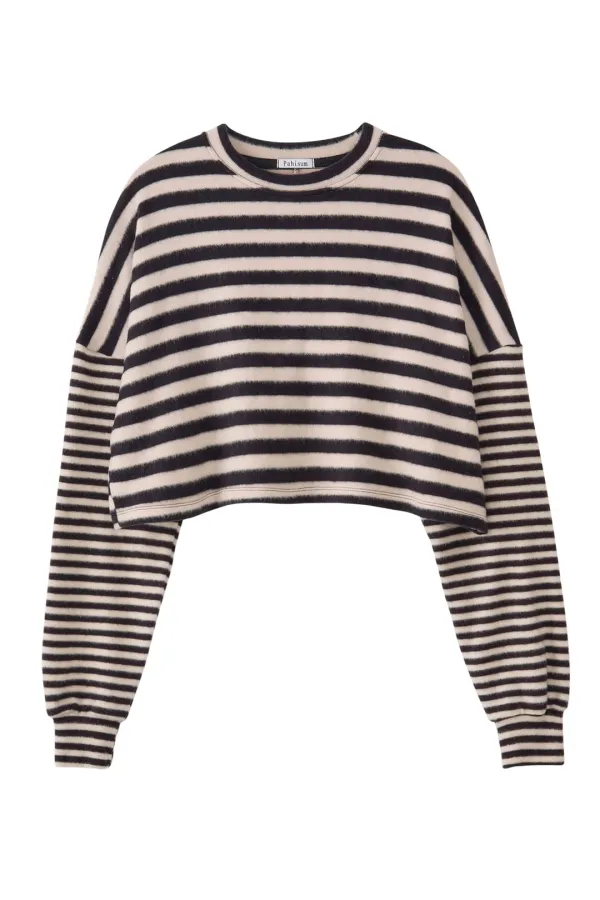 Mixed Stripe Crop T-Shirt_Beige