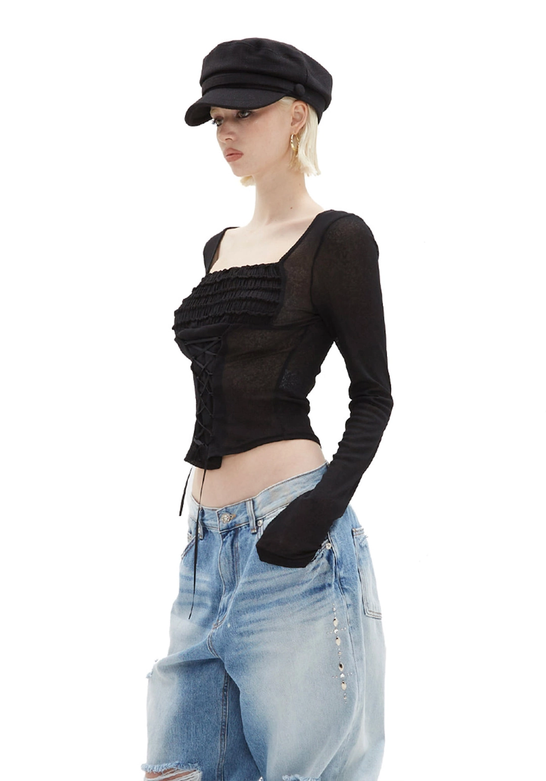 힐다 Pure Lace-Up Corset Top [Black] 상품 이미지 1