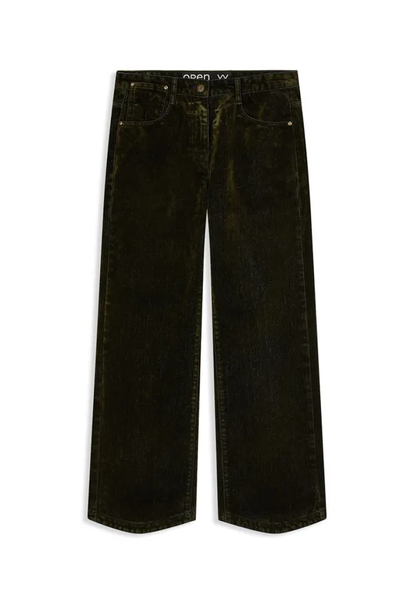 VELVET DENIM CURVED PANTS, DARK OLIVE
