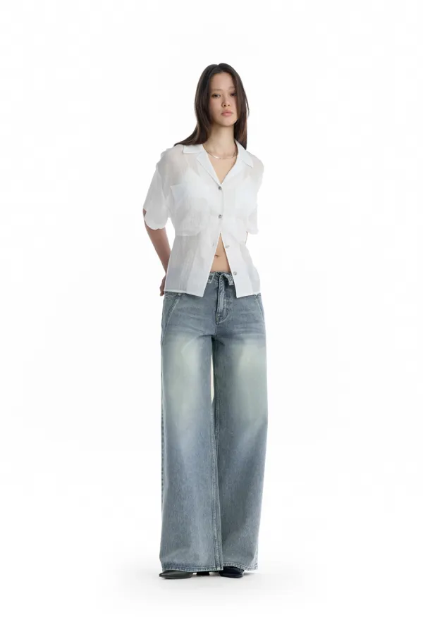 Folded Waistband Low-Rise Denim Pants [ Blue ]