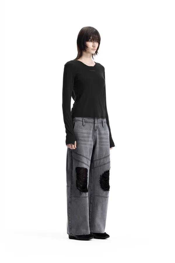 Raw-Cut Hooded Long Sleeve T-Shirt [ Black ]